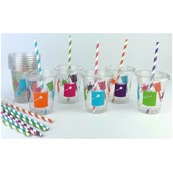 Paint Party Supplies Plastic Disposable Cup Set with Lids & Straws, Set of 12