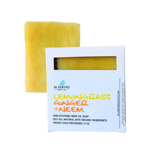 Bluebyrd Soap Co. Ginger Lemongrass All Natural Soap Bar with Neem Oil | Cleansing Beauty Bar Soap Scented with 100% Essential Oils | Neem for eczema prone skin, psoriasis and acne, 5oz. (GINGER)