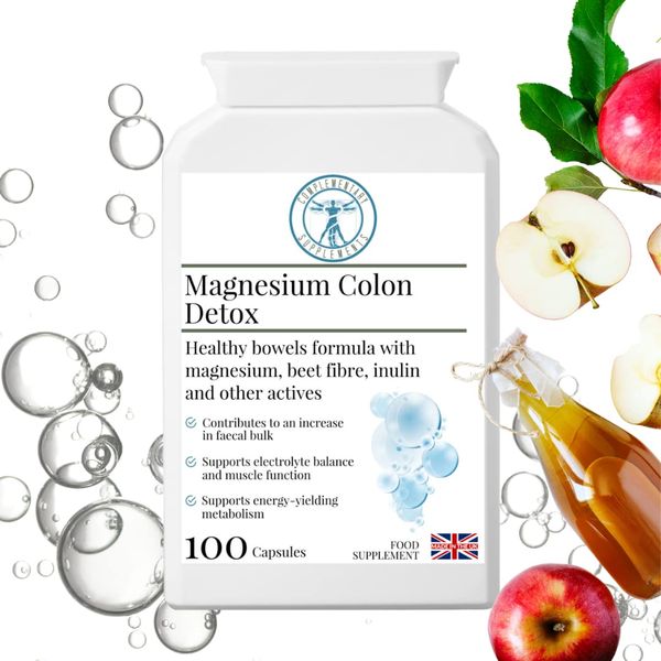 Complementary Supplements - Magnesium Colon Detox - 4 Types of Magnesium, Prebiotic, ACV, VIT C - Magnesium Based Bowel Cleanse - Vegan - 100 Capsules