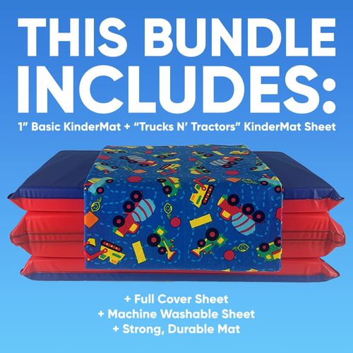 1" Basic KinderMat + KinderMat Sheet Bundle - Full Nap Mat and Washable Cover - 47" x 22", Special Edition - Trucks N' Tractors - Value Bundle Great for Daycare & Family Households…