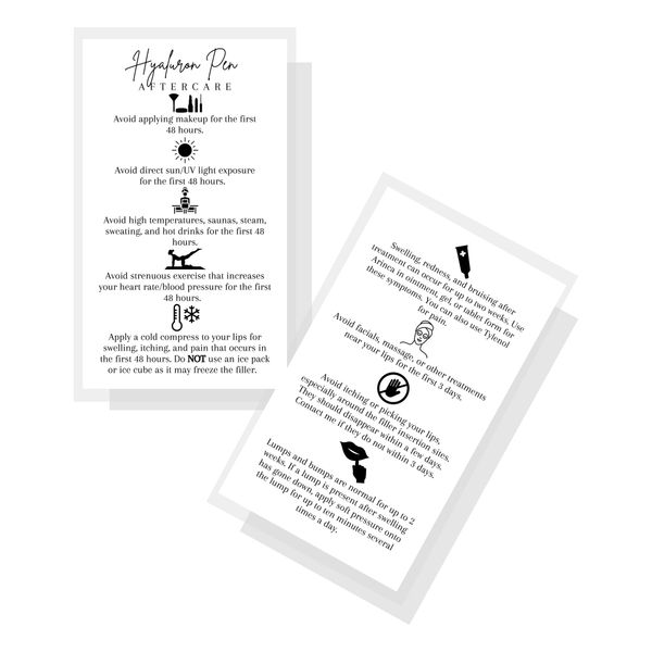 Hyaluron Pen Aftercare Card | 50 Pack | 2x3.5” inches Business Card Size | Needleless Filler | Needle Free Facial Filler | Facial Filler Supplies | White Card Design