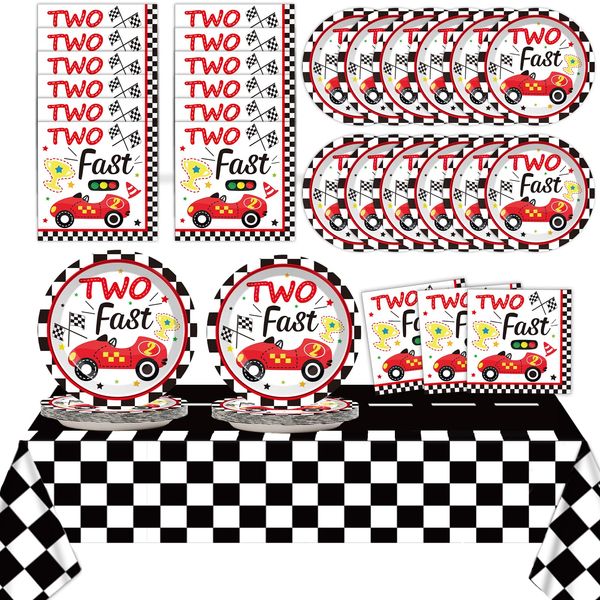 Two Fast Birthday Party Supplies Serves 24 Race Car 2nd Party Paper Plates Napkins Set Racing Car Tablecloth Tableware Kit for Two Years Old Party Baby Shower Decorations Favors for Boys, Serve 24