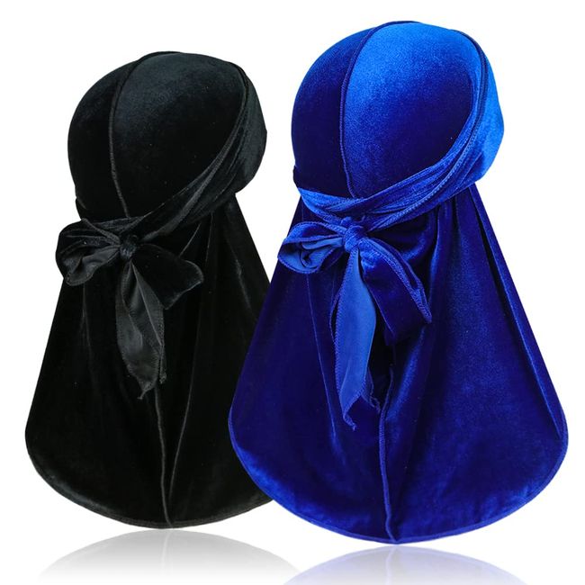 2 Stück Samt Durags für 360 Waves, Silky Do Rag Durag Kopfwickel mit extra langem Schwanz und breiten Trägern für Männer und Frauen