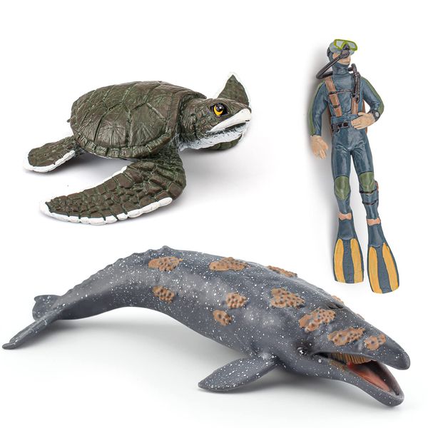 Ocean Sea Marine Animal Figure Toys Playsets 3 PCS Diver Gray Whale Sea Turtle Model Toy Desktop Decoration Collection Party Favors Toys for Boys Girls Kids