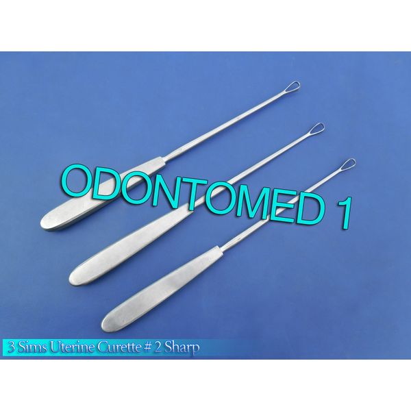 3 Sims Uterine Curettes  # 2 Sharp Blade OB/GYN Surgical Instruments
