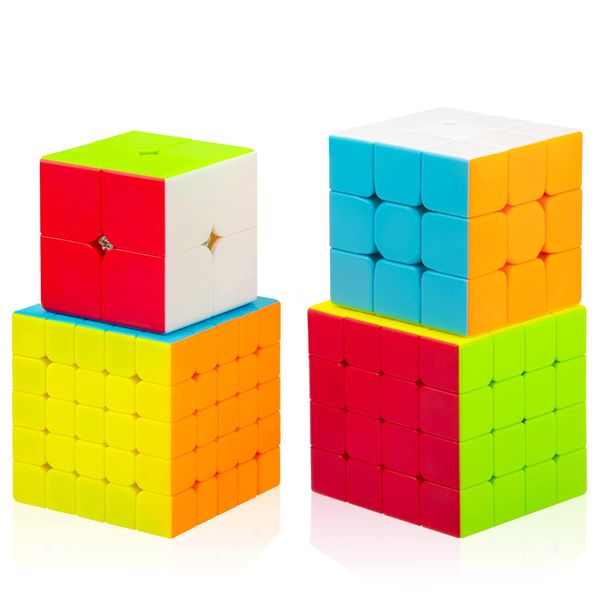 Cooja Cube Set 2x2 3x3 4x4 5x5, 4 Pack Stickerless Magic Cube Bundle Speed Smooth Durable 3D Puzzle Cube Toys for Boys Girls