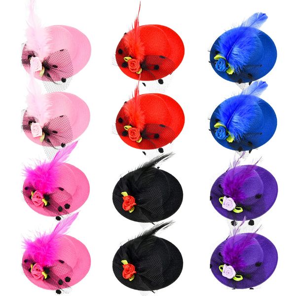 Patelai 12 Pieces Mini Hat Clips Tea Party Hats for Girls Fascinator Mini Hat Hair Clips with Ribbon Flowers Faux Feather Mesh Bow Barrette Hairpin for Girls Toddler Costume Accessory