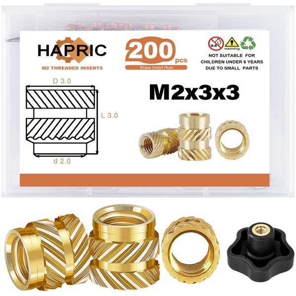 200 Pcs M2 Threaded Inserts for Plastic, M2 Heat Set Insert Brass Metric Knurled Nuts Assortment Kit for 3D Printing