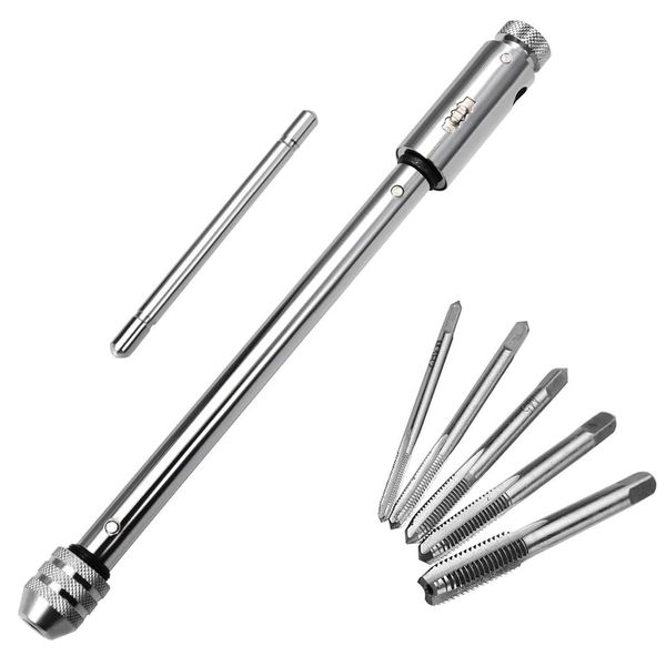 Kimlonton 6-Piece Screw Tap, Ratchet, Tap Holder, Forward and Reverse Rotation Switchable, Long Handle, Tap Wrench, Tap Drill, Connection, Tap Handle, Tool Set, M3, M4, M5, M6, M8, Adjustable