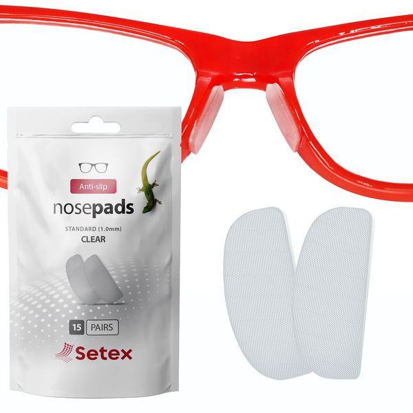 Setex Gecko Grip Glasses Nose Pads (15 Clear Pairs) - Anti-Slip Nose Pads for Glasses, USA Made, Micro-Structured Fibers, Ultra-Strong Grip and Ultra-Soft, Self Stick Adhesive, 1 x 7 x 16 mm