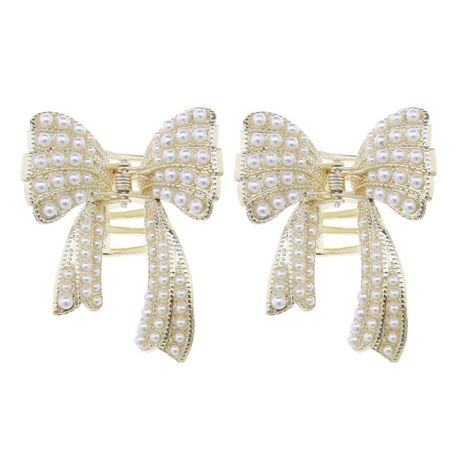 eMagTech 2PCS Bow Hair Claw Clips Delicate Pearl Hair Claw Clamps Metal Hair Accessories for Girl Women Hair DIY Accessory Headwear Hair Claw Jaw Clips