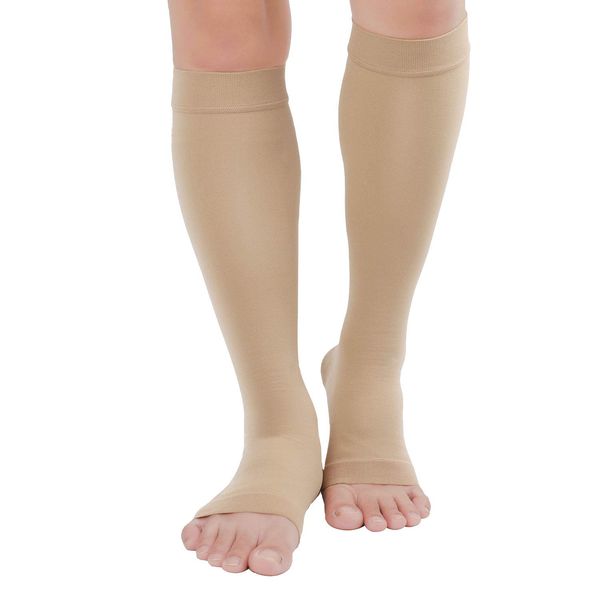 TOFLY® Compression Stockings (Pair), Medical Grade Firm Support 20-30mmHg, Opaque, Unisex, Open Toe Knee High Compression Socks for Varicose Veins, Edema, Shin Splints, Nursing, Travel, Beige M