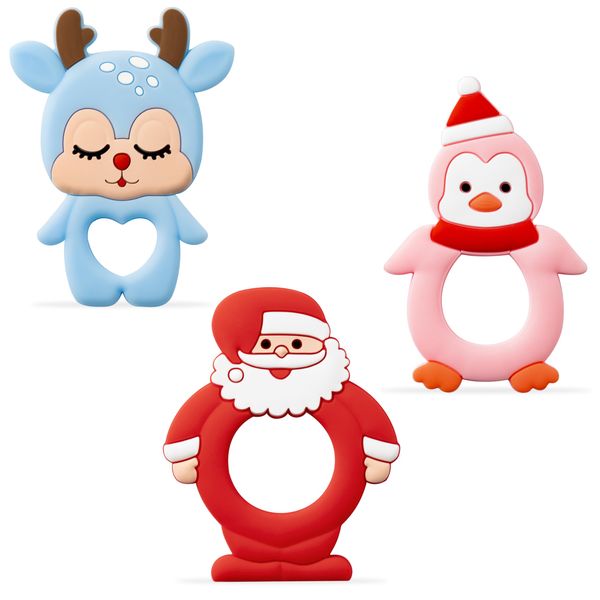 3Pcs Christmas Silicone Teething Toys for Baby The First Christmas Baby Soothe Teething Chew Toys Infants Soft Teether Toys Toddler Santa Penguin Deer Design Toys Christmas Gifts for Baby Boy and Girl