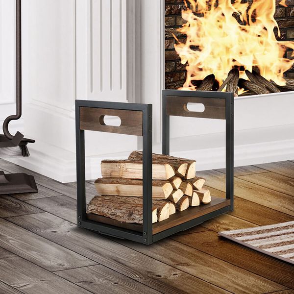 Brown Wood and Black Metal Fireplace Log Holder Rack, Freestanding Log Holder