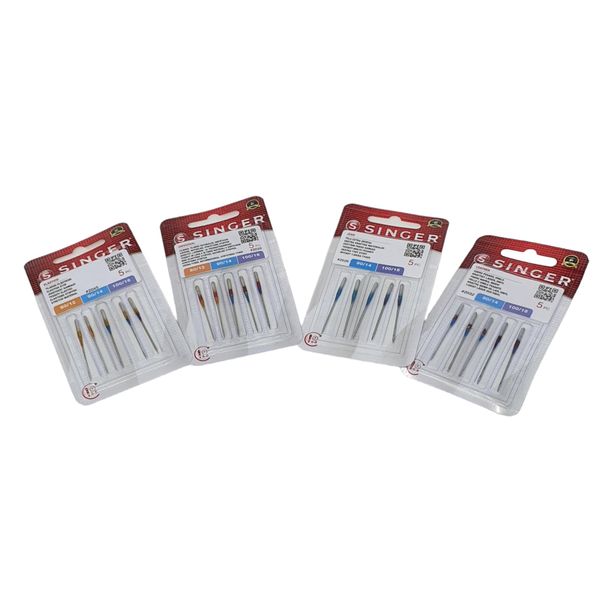 Singer Pack of 4 Packs of Sewing Needles for Stitching, Elastic, Universal, Cotton, Jeans and Leather 2020, 2045, 20246, and 2032 System 130/705 H (Flat on one side)