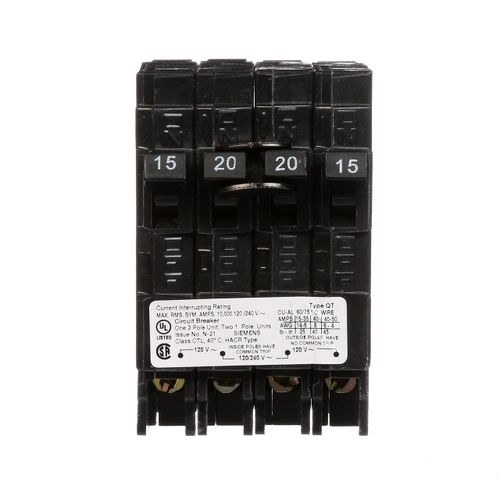 Siemens Q21520CT Triplex Two Outer 15 Single One Inner 20 Amp Double-Pole Circuit Breaker, Black