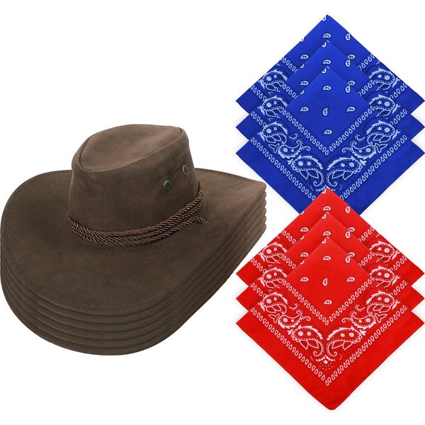 Janmercy 6 Pack Cowboy Hat with Paisley Bandana DIY Cowgirl Hat for Women Men Halloween Costume Party Hat (Coffee, Red, Blue, Curved)