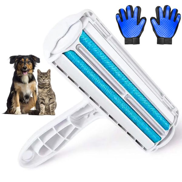 Opucore Pet Hair Remover Roller + Grooming Gloves Professional Kit- Dog & Cat Fur Lint Remover with Massage Gloves for Furniture Couch Carpet Car Seat