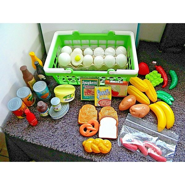 Play Food/Shopping Basket Lot 49 ~ Egg Carton,Cans,Boxes,Veggie/Fruits,Bottles