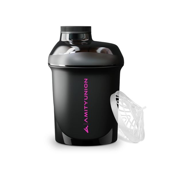 AMITYUNION Kleiner Protein Shaker 400 ml Schwarz Lila Deluxe - ORIGINAL Eiweiß Shaker auslaufsicher für Eiweißdrinks Protein Shakes und Diät - mit Schraubverschluss Sieb - BPA-frei - Made in Europe