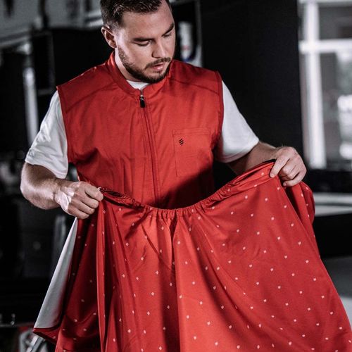 Barber Strong The Barber Vest, Men's Red, Hair Repellent, Ultra Lightweight and Breathable Mesh Side Panels, Sleeveless, Features 3 Pockets and 2-Way Zipper Closure - Size 5XL, Great for Pet Grooming