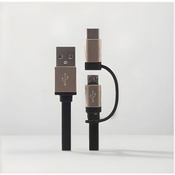 LockMingle 2-in-1 USB Charging Cable, 1M Flat Cable with Micro USB and Type-C Connectors, Black