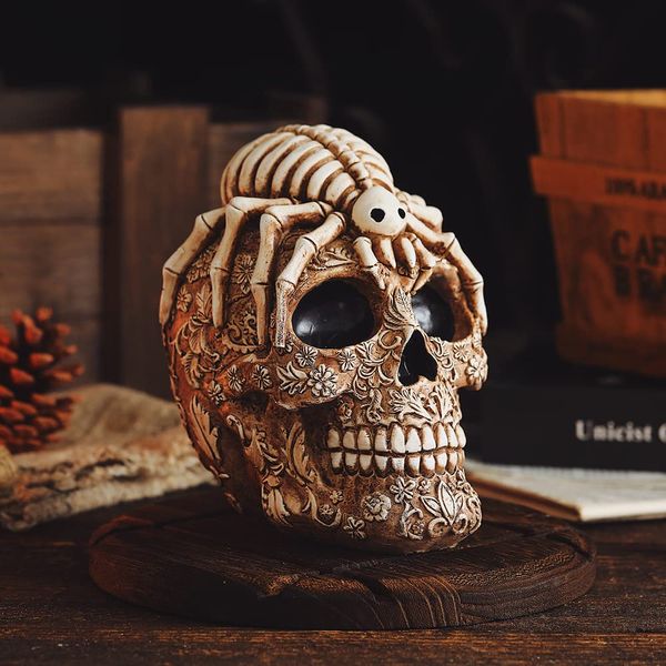 Arola Skull Head Sculpture Spider Decoration, Creative Flowers Skull Desktop Ornament，Skull Collectible for Home Office Desk Supplies.