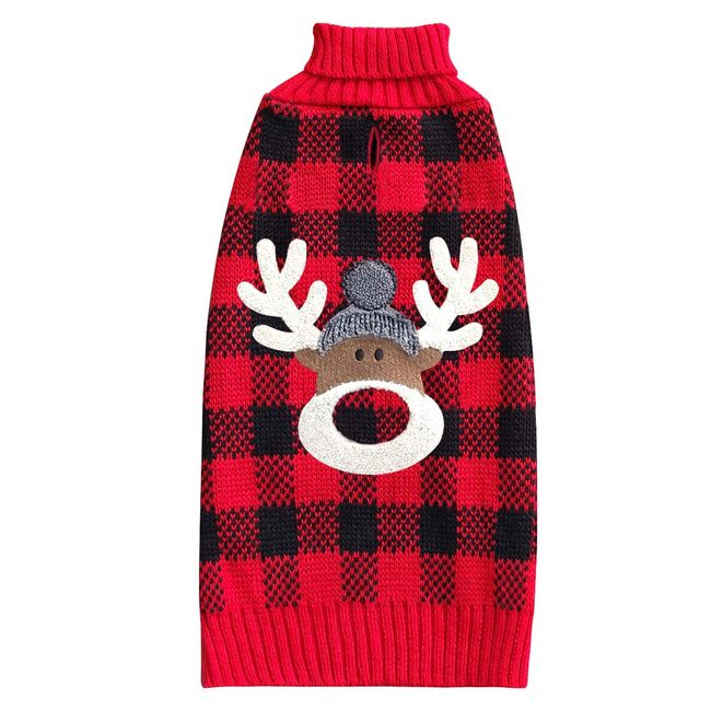 KYEESE Christmas Dog Sweater Reindeer with Leash Hole Dog Sweaters Red Buffalo Check Pet Sweater,L