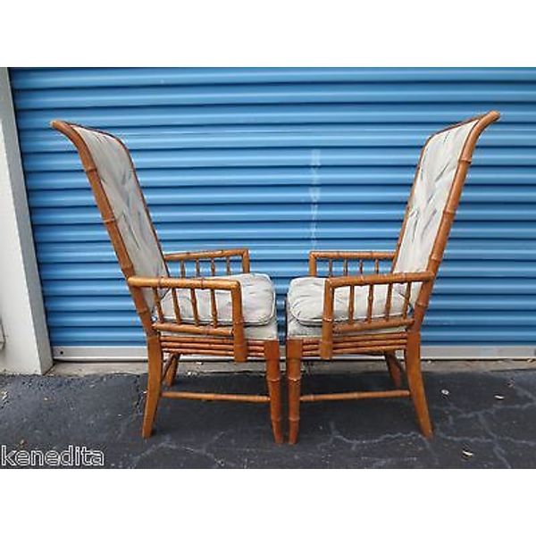 Tall Pair Dining Chairs Faux Bamboo Hollywood Regency 2 Captain Cottage Captain