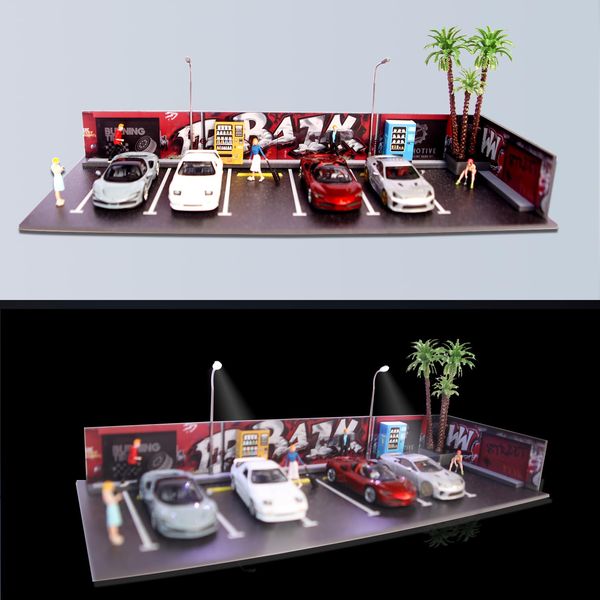 1:64 Scale Model Car Display Garage Scene Model with LED Lighting,2 Vending Machine Models and 3 Trees.