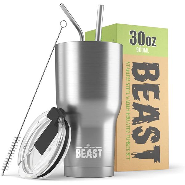 Beast Tumbler - 900 ml (30 oz), Silver | Reusable Stainless Steel, Vacuum Insulated Cup | with + 2 Straws & Cleaning Brush | Double Wall Travel Flask Perfect for Hot or Iced Coffee | BPA Free