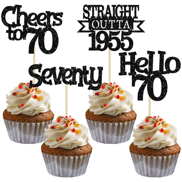 Ephlyn 24Pcs Happy 70th Birthday Cupcake Toppers Glitter Straight Outta 1955 Cupcake Picks Hello 70 Cheers to 70 Years Birthday Cake Decorations for 70th Birthday Anniversary Party Supplies Black