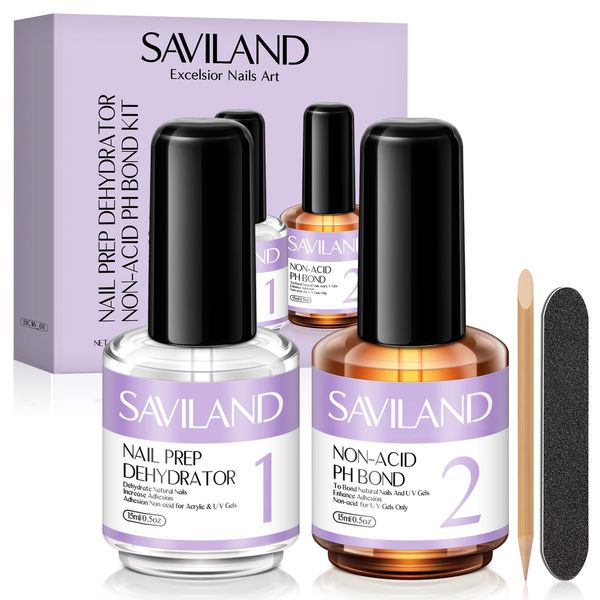 Saviland Nail Prep Dehydrate and Acid-free Primer: Fast Air Dry Long-Lasting Superior Bonding Nail Prep Set for Gel Nail Polish,Acrylic Powder etc