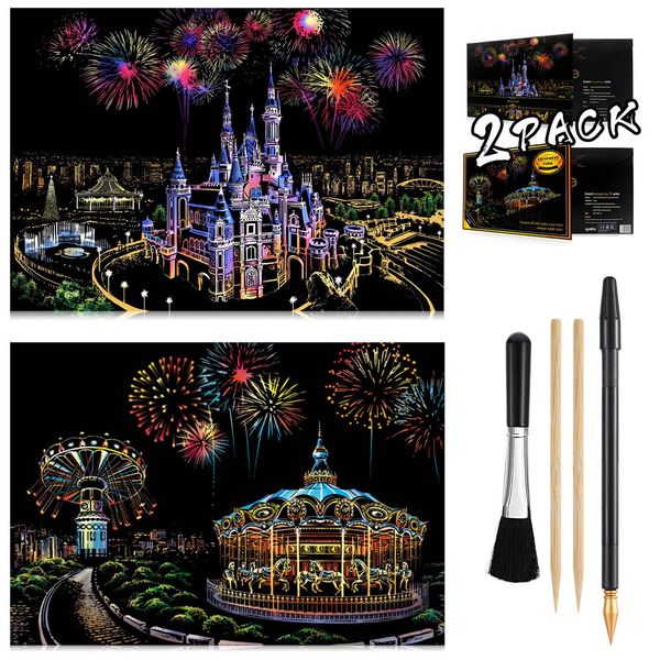 Scratch Art Rainbow Painting Paper 16'' x 11.2'' Sketch Pad Night View Scratchboard for Kids & Adults, Engraving & Craft Set, Scratch Painting Gift, 2 Pack with 6 Tools (Castle - Amusement Park)