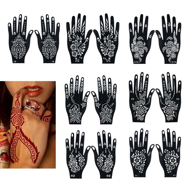 14PCS Glitter Tattoo Stencils Kit, Self Adhesive Henna Stencils for Hand, Reusable Hand Shape Indian Arabian Tattoo Stickers for Women Girls, Art Body Painting