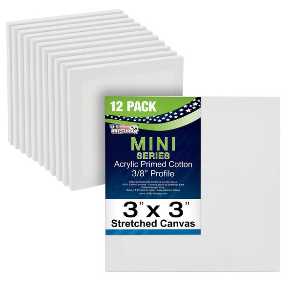 U.S. Art Supply 3" x 3" Mini Professional Primed Stretched Canvas (1-Pack of 12-Mini Canvases) - Ideal for Painting & Crafts