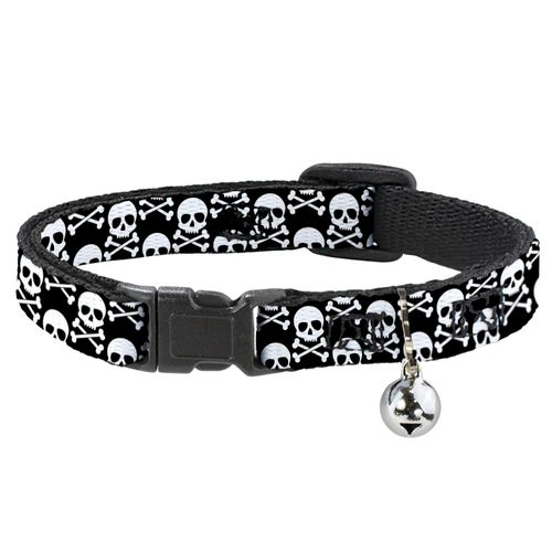 Buckle-Down Skull Cross Bone Stagger, Breakaway Cat Collar with Bell, Plastic Clip, Easy Adjustable, 8.5 to 12"-0.5" Wide