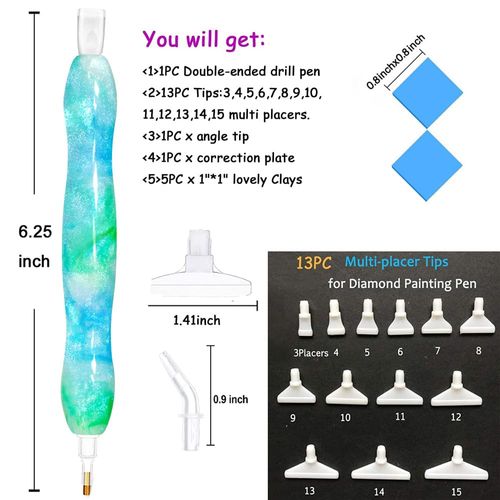 Handmade 5D Diamond Painting Art Pen Picker Kits,15PC Stylus Drill Pen Tips Placers Heads,2PC Wax Clay Glue for Diamond Painting, Nail Art, Cross-Stitch Embroidery,g (Shining White Bluegreen)