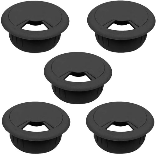 Electriduct 3-1/8" Plastic Desk Grommet Adjustable Cord Cable Hole Cover 3.125 Inch Wire Organizer - Black - 5 Pack