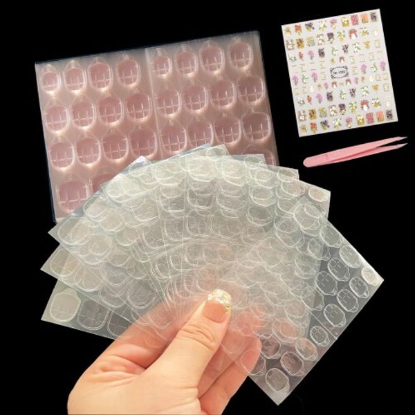 BIBII Nail Adhesive, Double-Sided Nail Tape, Super Strong Adhesive, Gummy Pink, Ultra-Thin Gummy Stickers, 12 Sizes, 30 Sheets, False Nails, Adhesive, Nail Tips, Gummy Nail Glue, Easy to Install, Waterproof, Transparent, DIY Jelly Nail Art