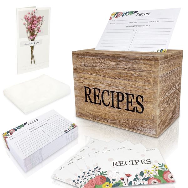 Recipe Box,Recipe Cards 100 Size 4x6 with 16 Divider,1 Conversion Card,100 Card Protectors,Rustic Wood Box Organizer Set,Cute Box for Housewarming Grandma Mom Wedding Bridal Shower