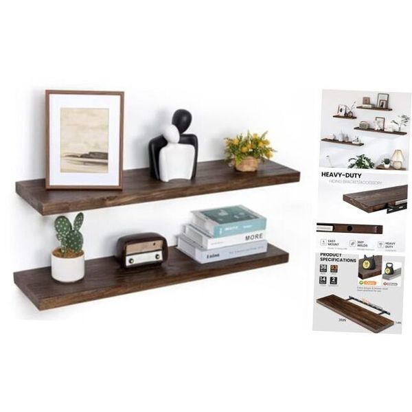 36" Natural Wood Floating Shelves, 9.3" Deep Flat Edge,36"W x 9.3"D Walnut