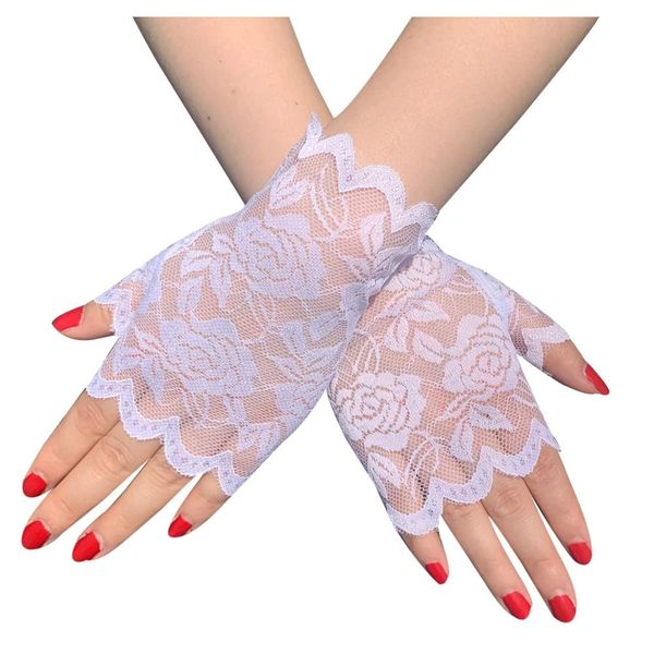 SHTGOI 1 Pair Women's Lace Gloves Short Bride Fingerless Floral Lace Gloves Sun Protection Gloves Wedding Lace Gloves for Tea Party Funeral Wedding Party Costume Accessories White