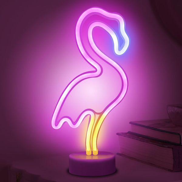 ALEENFOON Light Signs LED Neon Light Room Decor Night Lights Battery Powered and USB Operated Indoor Lighting Bedside and Table Lamps for Bedroom Christmas Party Bar (Colourful Flamingo)