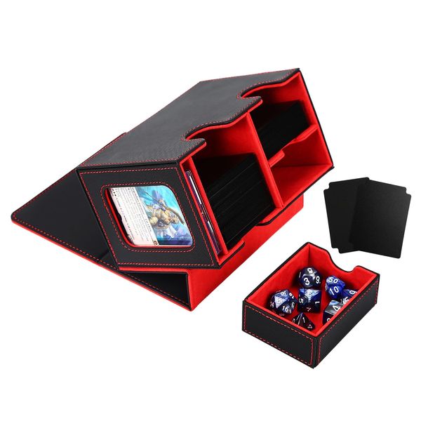 Venssu MTG Deck Box for Commander or Prime Card Display with Dice Tray,Card Deck Box Fits 200 Single Sleeved Cards, TCG Card Storage Box with 2 Dividers and 1 magnetic card holder (Black＆Red)