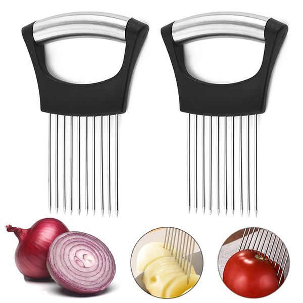 TRKETK 2 Piece Onion Holder Slicer, Stainless Steel Onion Holder All-in-One Onion Holder Onion Cutter Slicer Food Slice Assistant Kitchen Gadget for Potato Carrot Onions Tomatoes Vegetable Meat