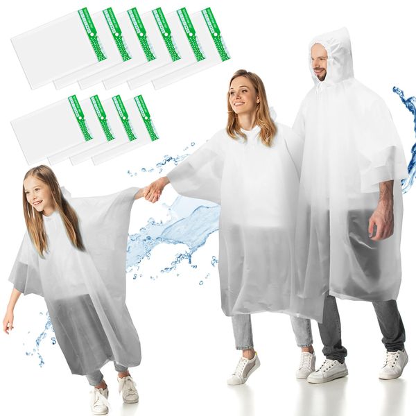 Disposable Rain Poncho Adults Kids - 10 Pack Waterproof Ponchos Family Pack, 6 Pcs Clear Ponchos Women/Men+4 Bulk Plastic Child Ponchos , Festival, Emergency, Camping, See Through Travel Poncho