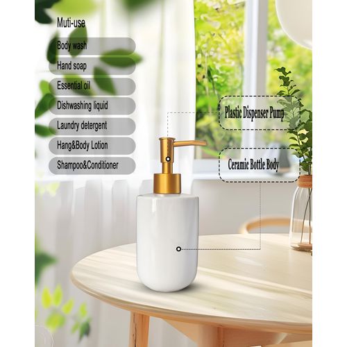 Liquid Soap Dispenser for Bathroom with Gold Pump，Dish Soap Dispenser for Kitchen，Refillable Countertop Lotion Ceramics White Hand Soap Dispenser for Shower 420ml (Cylindrical White Bottle)