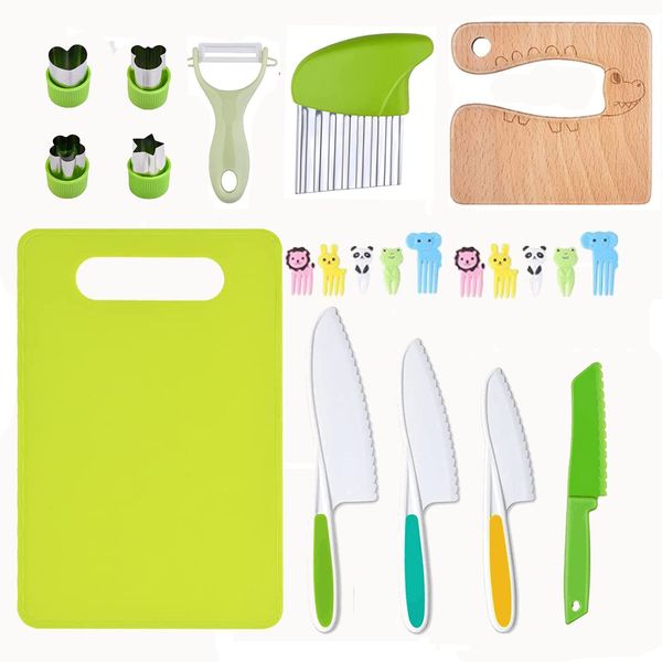 LANMANUO 13 Pieces Kids Knife for Chopping Wooden Kitchen Knife Set for Toddler Plastic Children Cooking Knives with Potato Slicer, Cutting Board, Peeler