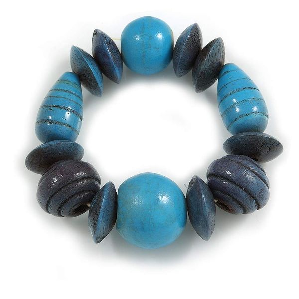 Avalaya Statement Chunky Wood Bead Flex Bracelet in Dyed Blue/Light Blue - Medium